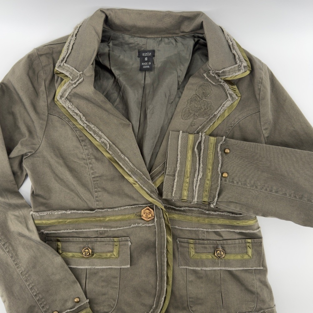 AZIZ Women's Olive Green Military Style Jacket Sz Small Button Front Embellished
